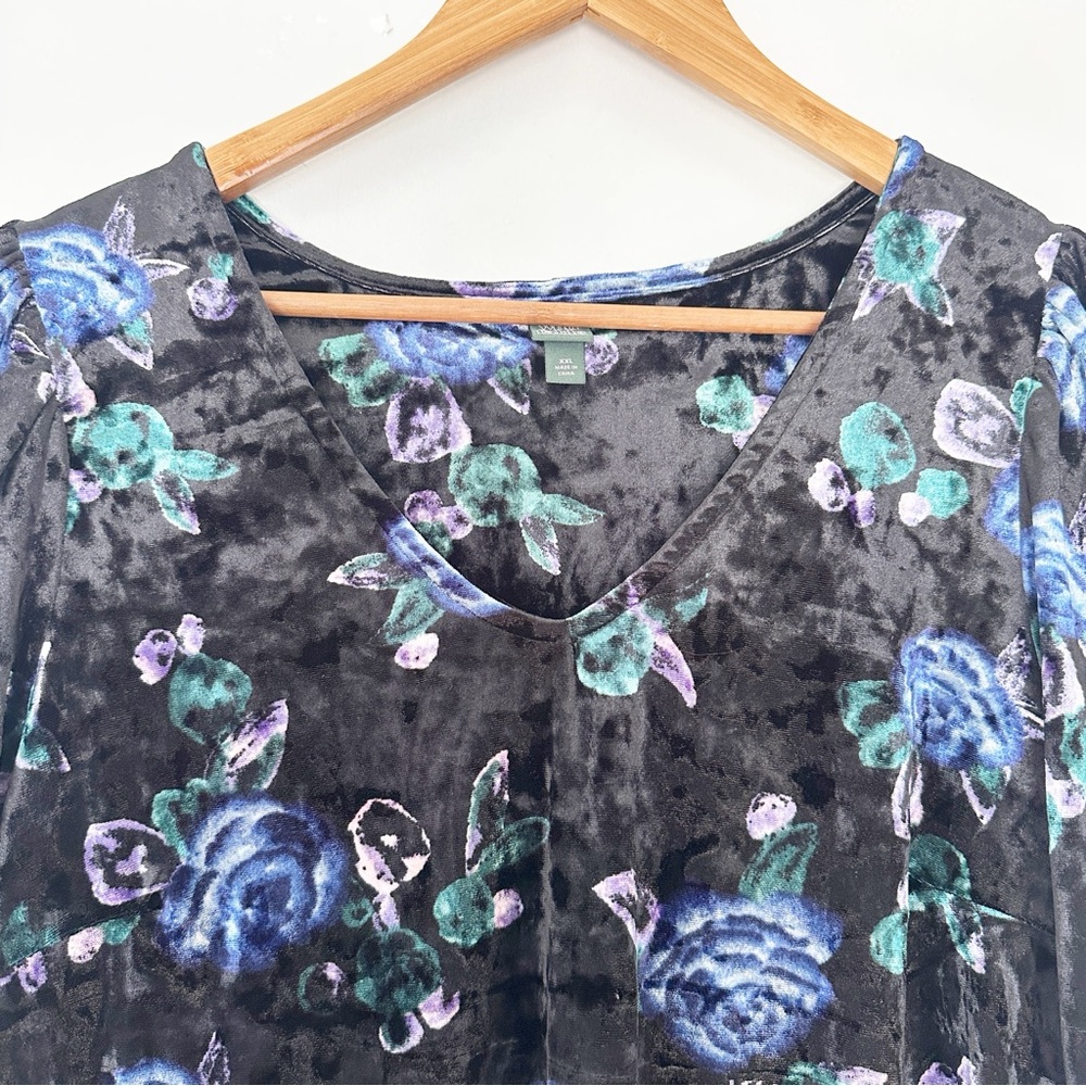 Wild Fable Floral Print Long Sleeve Velvet Drop Hem Swing Dress Black Blue XXL - Picture 3 of 10